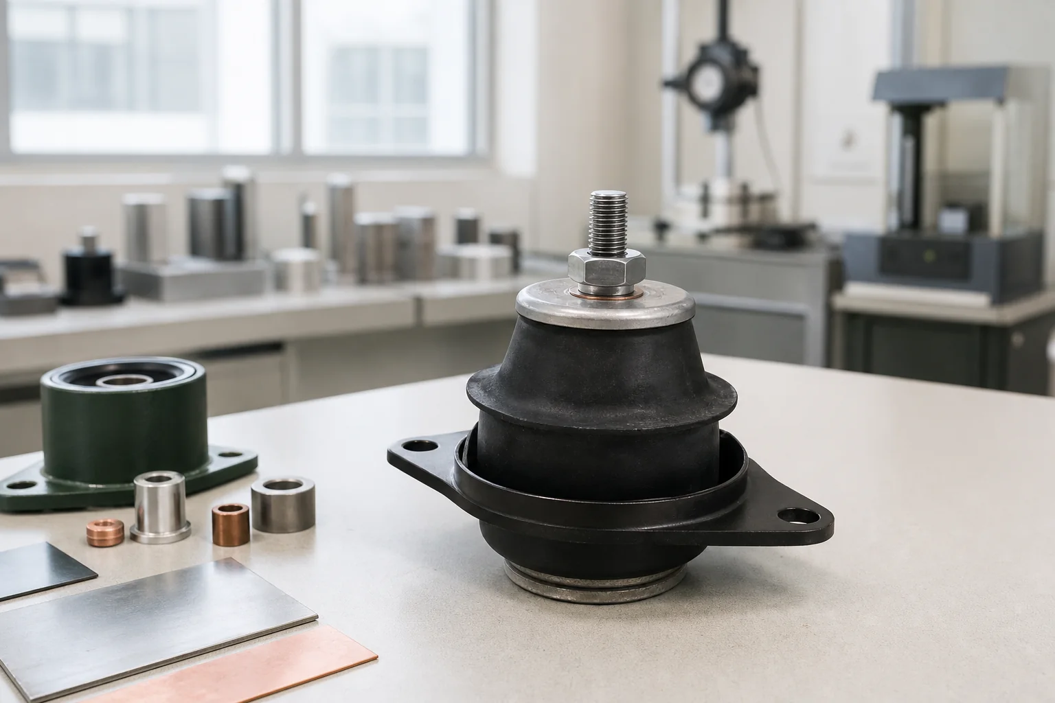 Rubber-to-metal automotive component in a controlled industrial laboratory